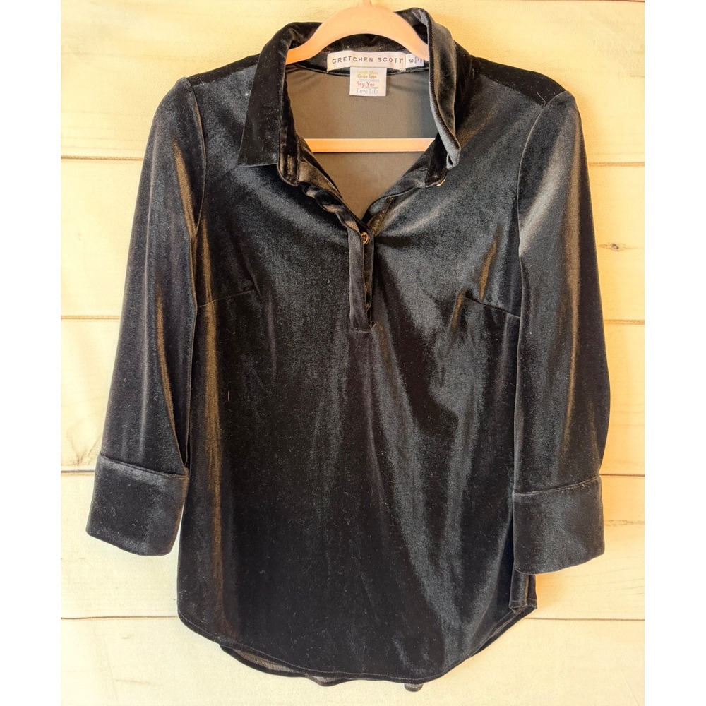 Gretchen Scott Black Velvet Tunic Top 3/4 Sleeve Button Cuff Small